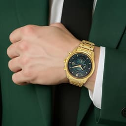 Titan Regalia Premium Quartz Chronograph with Date Forest Green Dial Gold Stainless Steel Strap Watch for Men - NT1830YM02 - Thumbnail 3