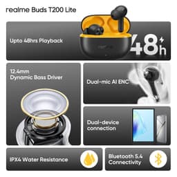 realme Buds T200 Lite Bluetooth in Ear Earbuds,4 Mic, AI ENC for Calls,48 Hours Total Playback with Fast Charging and Low Latency Gaming TWS,Google Fast Pair, with mic (Volt Black) - Thumbnail 5